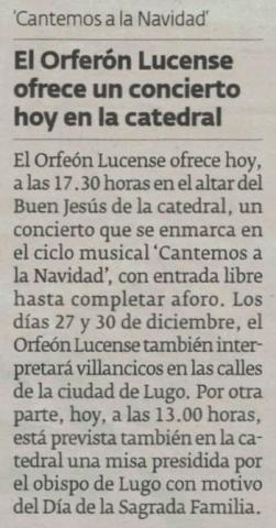 El Orfeón Lucense ofrece un concierto hoy en la Catedral