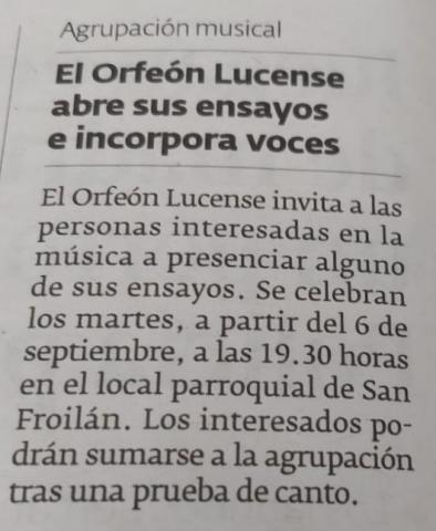 El Orfeón Lucense abre sus ensayos e incorpora voces