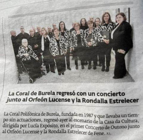 La Coral de Burela regresó con un concierto junto al Orfeón Lucense y la Rondalla Estrelecer