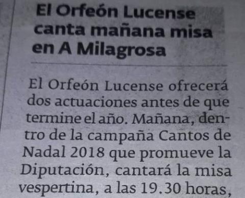 El Orfeón Lucense canta mañana misa en A Milagrosa