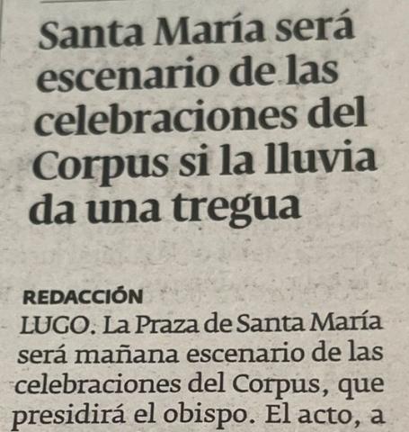 Santa María será escenario de las celebraciones del Corpus si la lluvia da una tregua