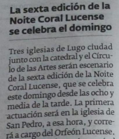 La sexta edición de la Noite Coral Lucense se celebra el domingo