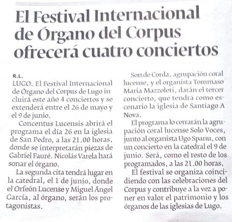 El Festival Internacional de Órgano del Corpus ofrecerá cuatro conciertos