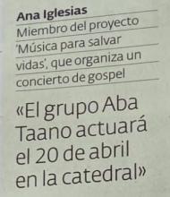 El grupo Aba Taano actuará el 20 de abril en la Catedral junto con el Orfeón Lucense