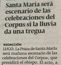 Santa María será escenario de las celebraciones del Corpus si la lluvia da una tregua